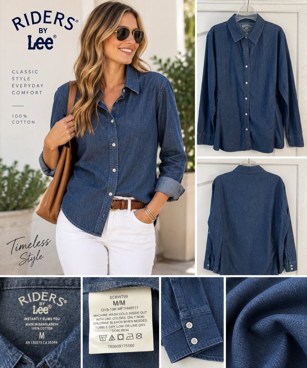 Riders by Lee Womens M Blue Chambray Denim Button Down Shirt 100% Cotton